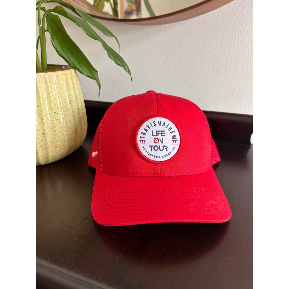 TravisMathew Mens Life On Tour Red Trucker Hat Snapback Mesh Golf Cap